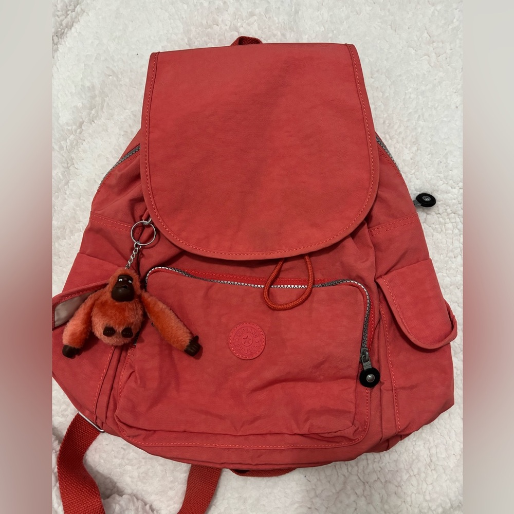 Kipling Coral Backpack with Monkey Charm